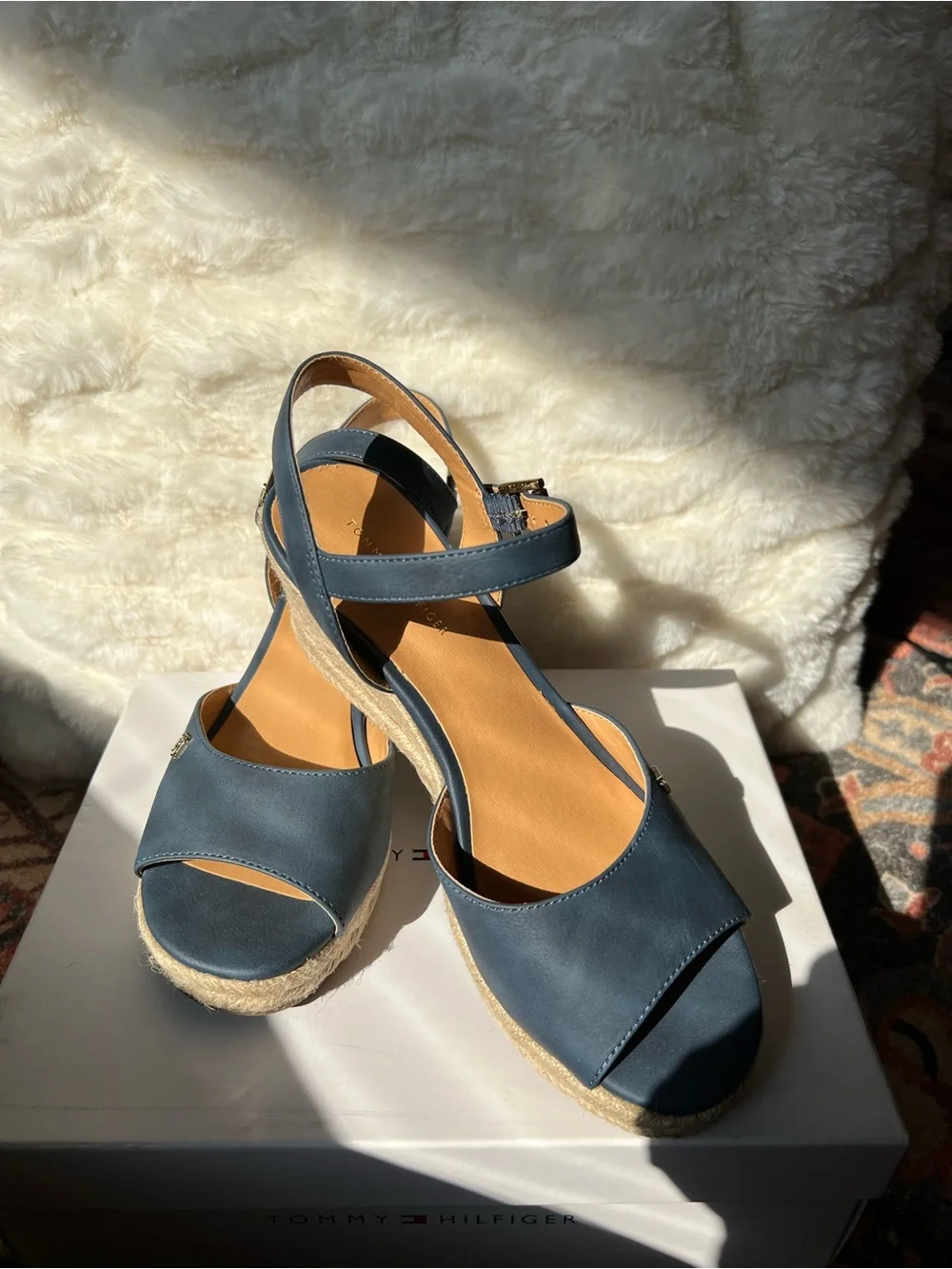 Tommy Hilfiger Navy Leather Espadrille Wedge Sandals